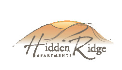 Hidden Ridge Apartments logo with a mountain in the background.